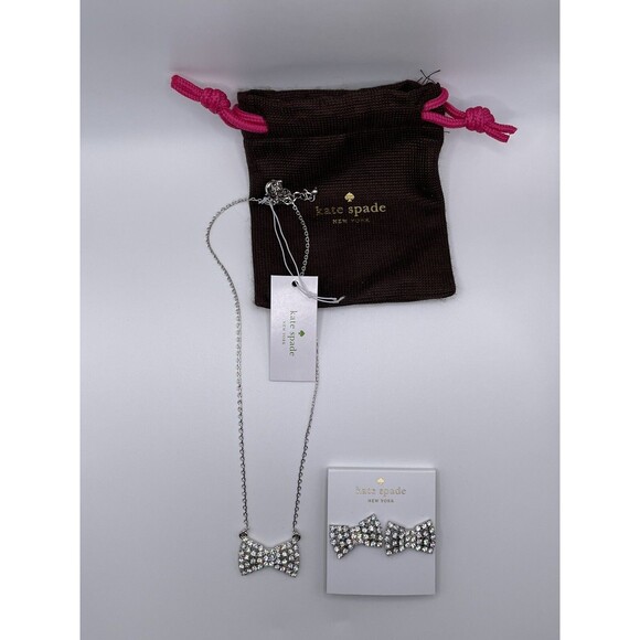 KATE SPADE “Sparkling Bow” Pendant Necklace & Earring Set Silver Tone NWT - Picture 5 of 10